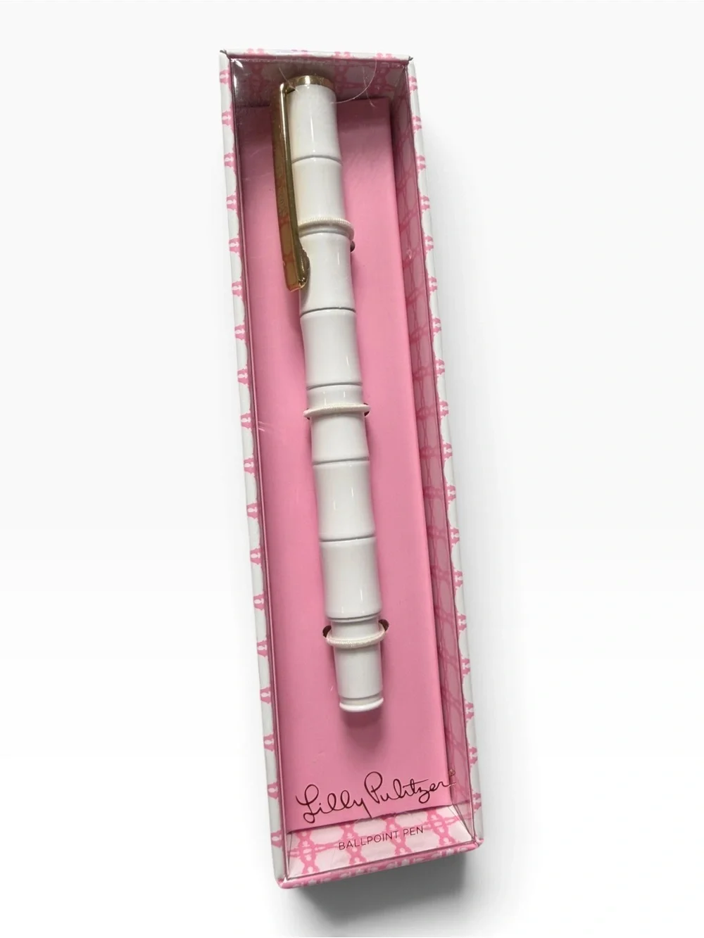 Lilly Pulitzer White Bamboo Style Ballpoint Pen Gold Tone Clip Boxed NEW